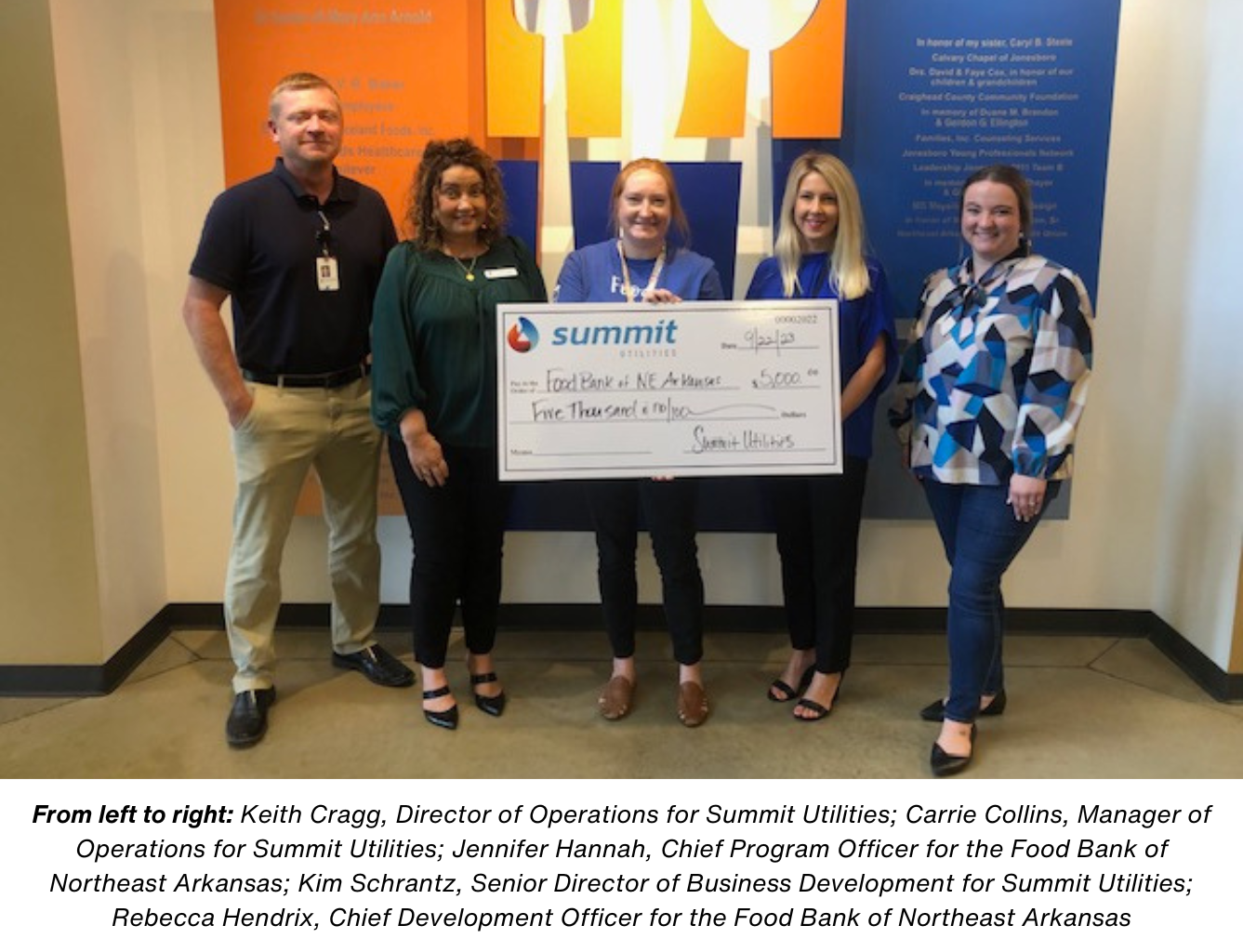 From left to right: Keith Cragg, Director of Operations for Summit Utilities; Carrie Collins, Manager of Operations for Summit Utilities; Jennifer Hannah, Chief Program Officer for the Food Bank of Northeast Arkansas; Kim Schrantz, Senior Director of Business Development for Summit Utilities; Rebecca Hendrix, Chief Development Officer for the Food Bank of Northeast Arkansas